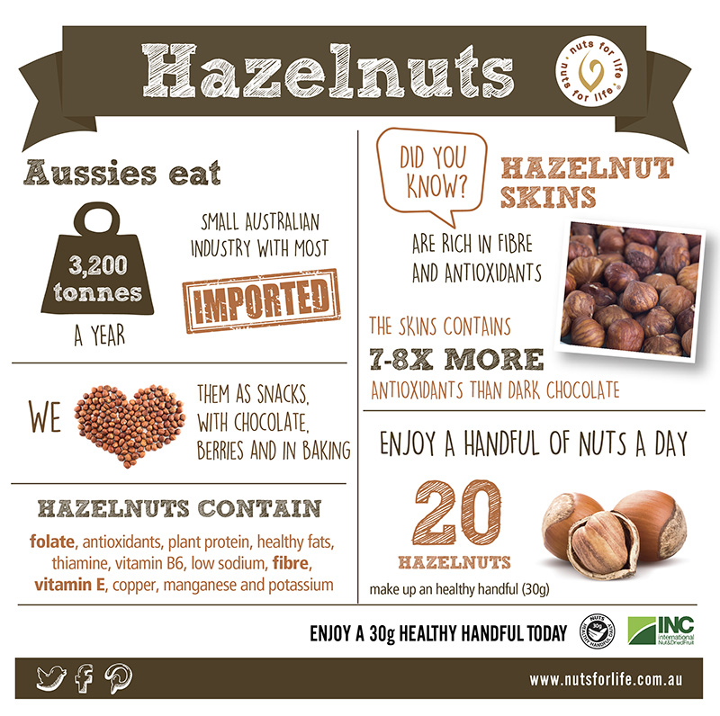 "Hazelnuts: Aussies eat 3,200 tonnes a year. Small Australian industry, with most imported. Did you know? Hazelnut skins are rich in fibre and antioxidants? The skin contains 7-8 x more antioxidants than dark chocolate. We love them as snacks with chocolate, berries and in baking. Hazelnuts contain folate, antioxidants, plant protein, healthy fats, thiamine, vitamin B6, low sodium, fibre, vitamin E, copper, manganese and potassium. Enjoy a healthy handful of nuts a day. 20 hazelnuts make up a healthy handful (30g).