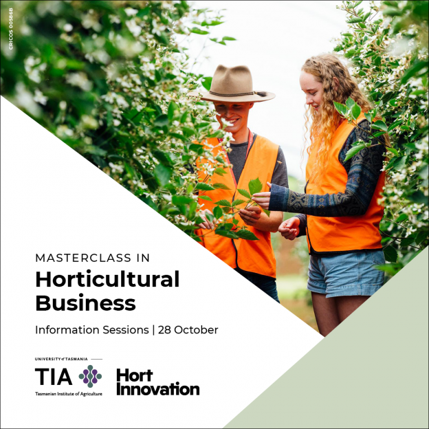A picture of a young man and a young woman wearing high vis and examining a tree. Text reads 'Masterclass in horticultural business. Information sessions 28 October.'